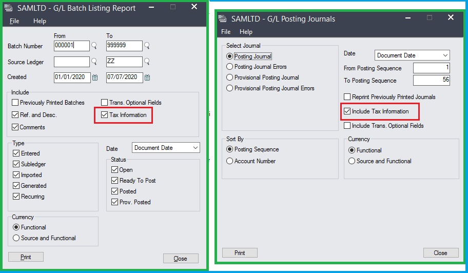 Integrate General Ledger and Tax Services in sage 300